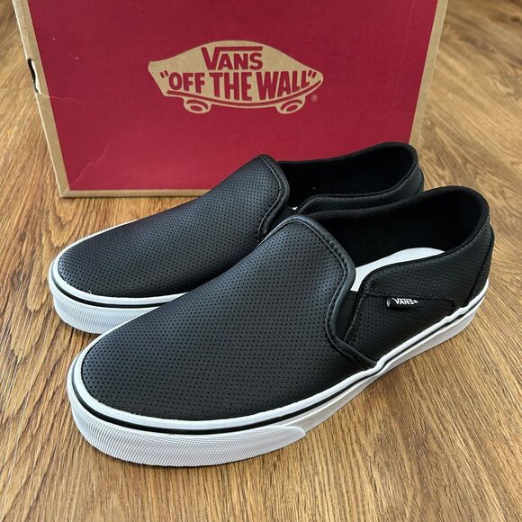 VANS off the wall black leather slip on shoes sneakers women’s 7.5 new - Picture 6 of 6